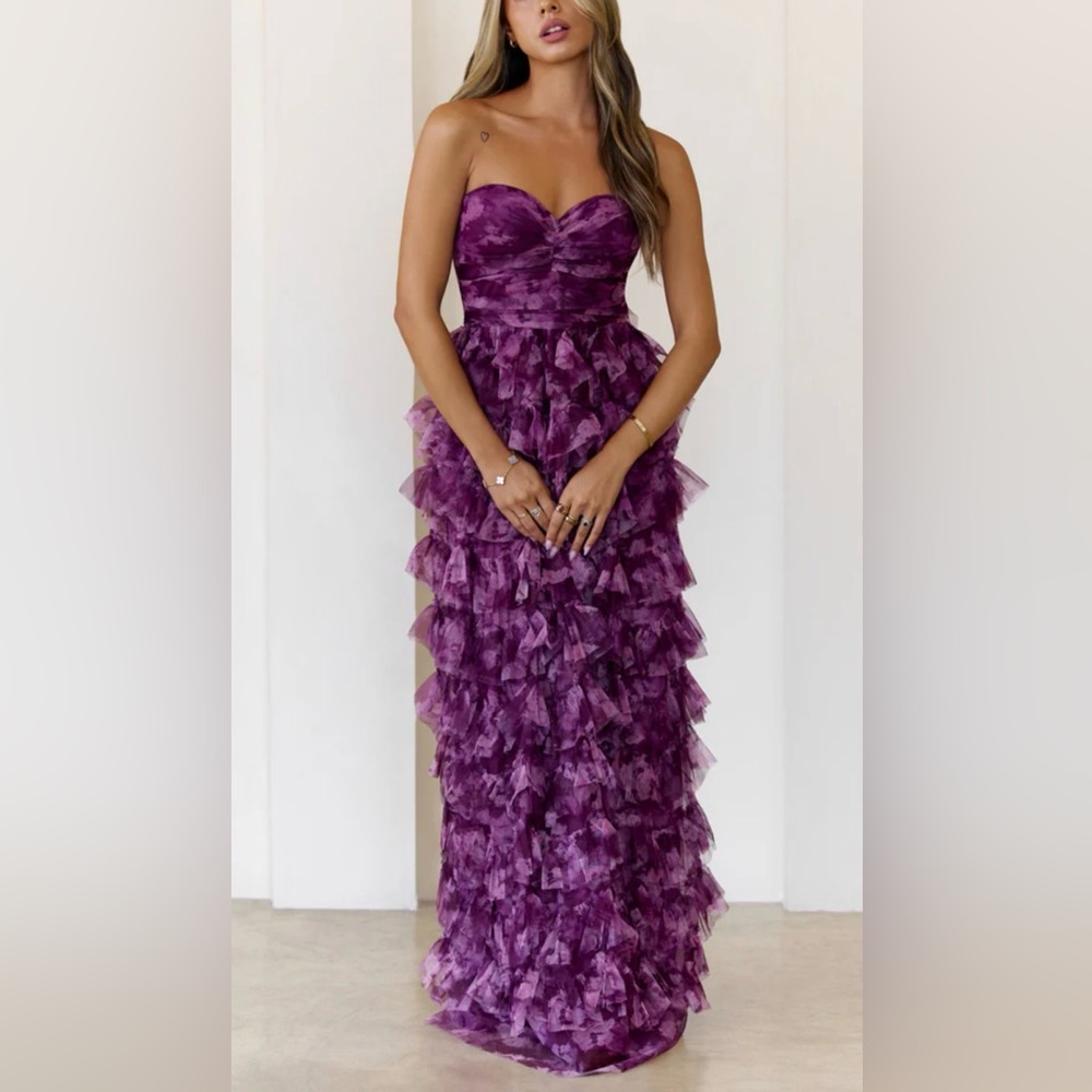 STRAPLESS TULLE MAXI RUFFLE DRESS
